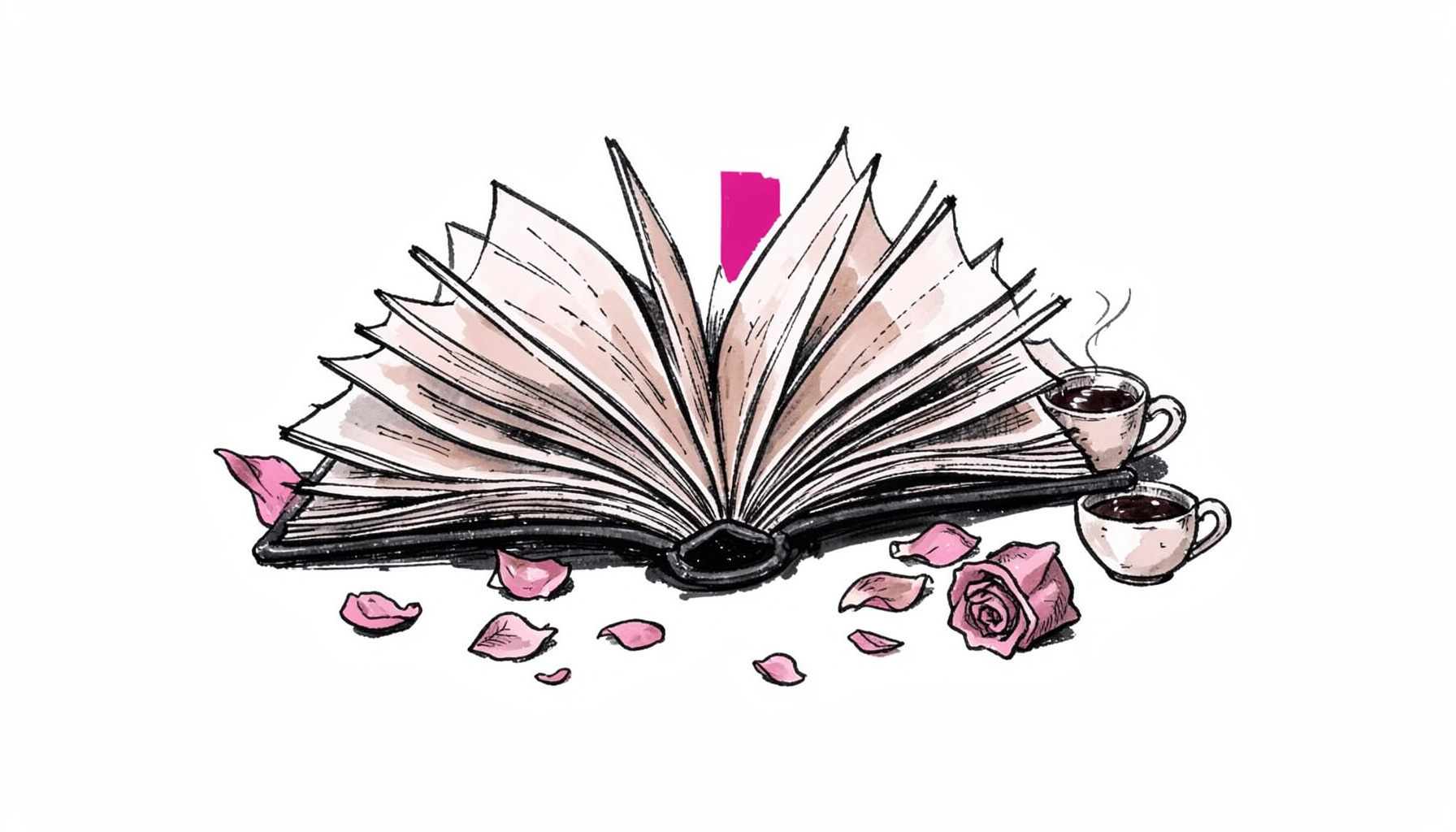 A hand-drawn ink illustration of an open book with pages fanned outward, surrounded by scattered rose petals and a steaming coffee cup, rendered in deep charcoal and soft blush tones against a dark background.