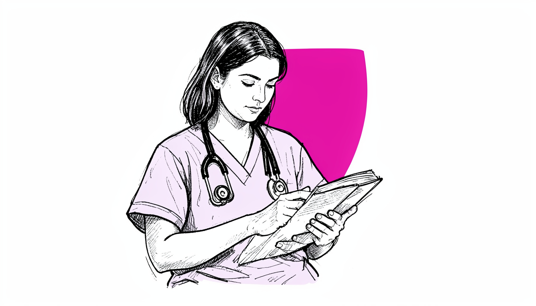 A hand-drawn ink illustration of a woman in scrubs, reading a paperback during a quiet break, a stethoscope draped around her neck. The drawing uses fine black ink lines with subtle hatching, conveying calm and focus.