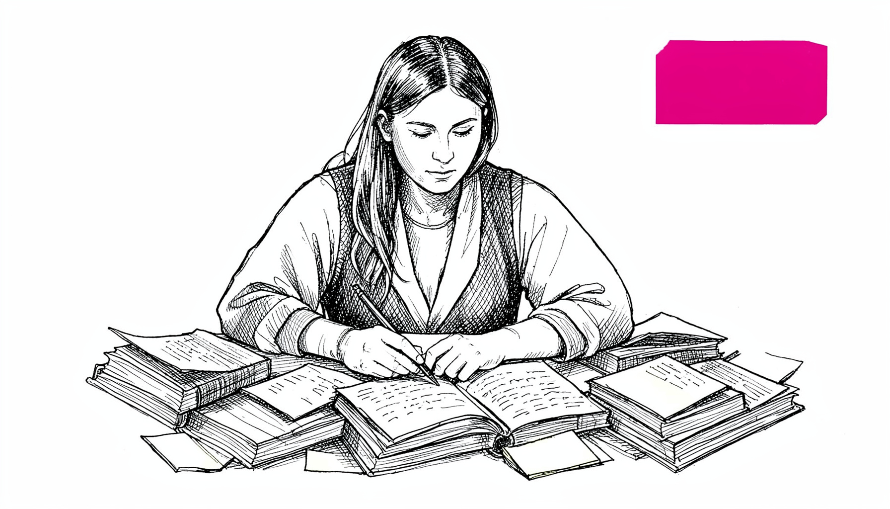 A hand-drawn ink sketch of a woman seated at a desk, pen in hand, surrounded by open books and sticky notes. The black-and-white line drawing has a thoughtful, studious mood with layered cross-hatching.