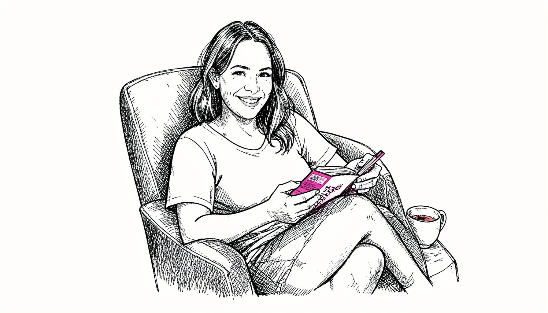 A hand-drawn ink portrait of a woman with a warm smile, curled up in an armchair with a contemporary romance paperback in her hands, a cup of tea nearby. Soft cross-hatched shading in black ink on an off-white ground.