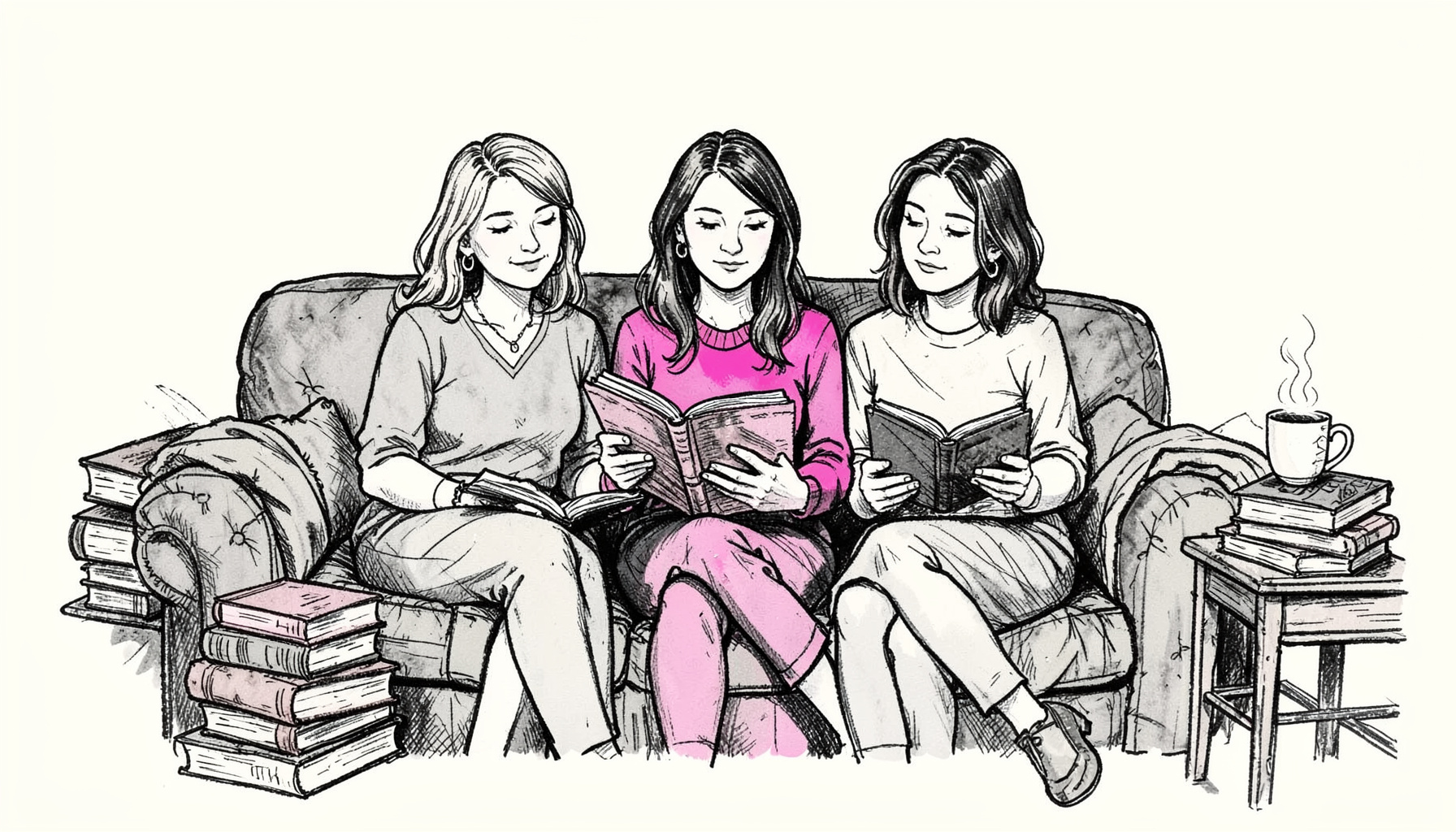 A hand-drawn ink illustration of three women sitting together on a cozy couch, each holding an open book, surrounded by stacks of novels and a steaming mug on a side table. The scene is warm and intimate, rendered in loose expressive linework with deep charcoal tones against a soft cream background.
